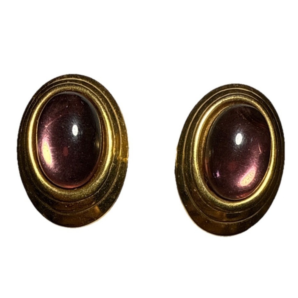 Vintage Avon Gold Tone and Purple Oval Statement Earrings J17-16